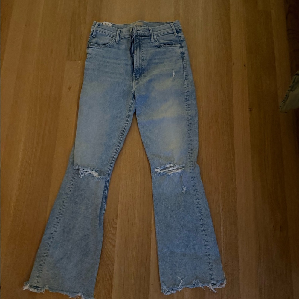 MOTHER Light Blue Distressed Flare Jeans